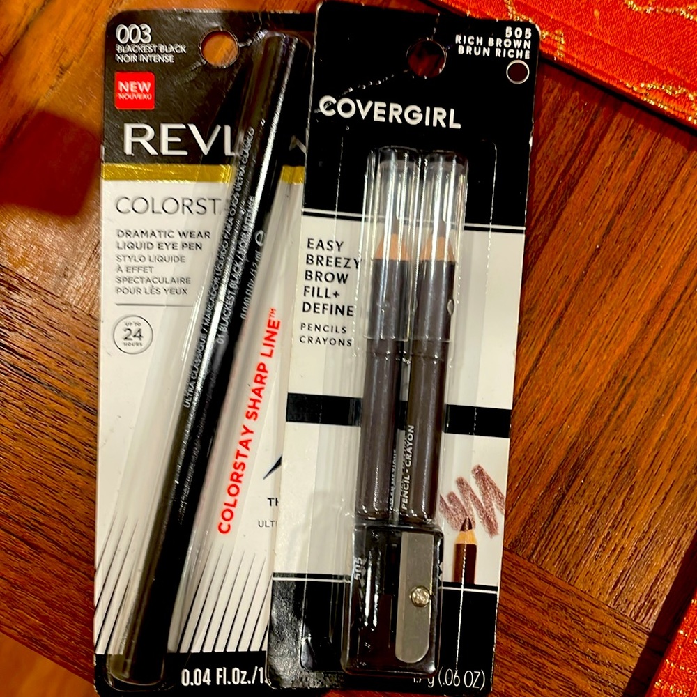 Revlon liquid eye liner and covergirl brow pencils . Both are black .